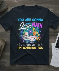 T-shirt featuring the quote "YOU ARE GONNA love MATH AFTER YOU MEET ME I'M WARNING YOU" with math graphics and