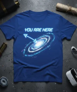 Blue t-shirt with "YOU ARE HERE" text and a vibrant spiral galaxy graphic pointing to its center