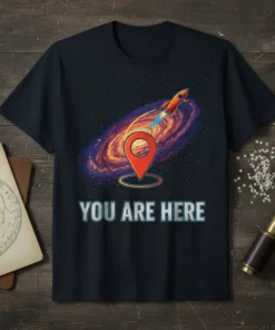 You Are Here text with a rocket launching from a map pin, set against a colorful galaxy background on a