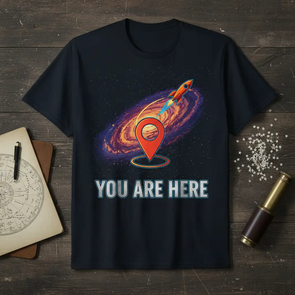 You Are Here text and rocket launching from map pin, against a swirling galaxy backdrop on a t-shirt