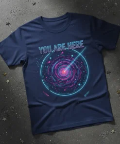 Navy blue t-shirt with "YOU ARE HERE" text above a neon pink and blue swirling galaxy graphic with constellations and