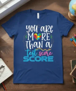 Autism awareness t-shirt with text "you are MORE Than a test score SCORE" and a colorful puzzle heart graphic