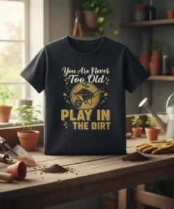 Black t-shirt with "You Are Never Too Old PLAY IN THE DIRT" quote and gardening graphics