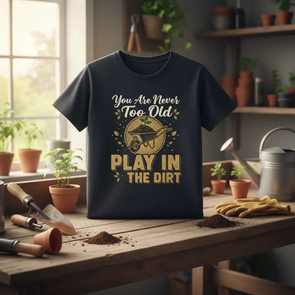You Are Never Too Old PLAY IN THE DIRT quote with wheelbarrow graphic on t-shirt