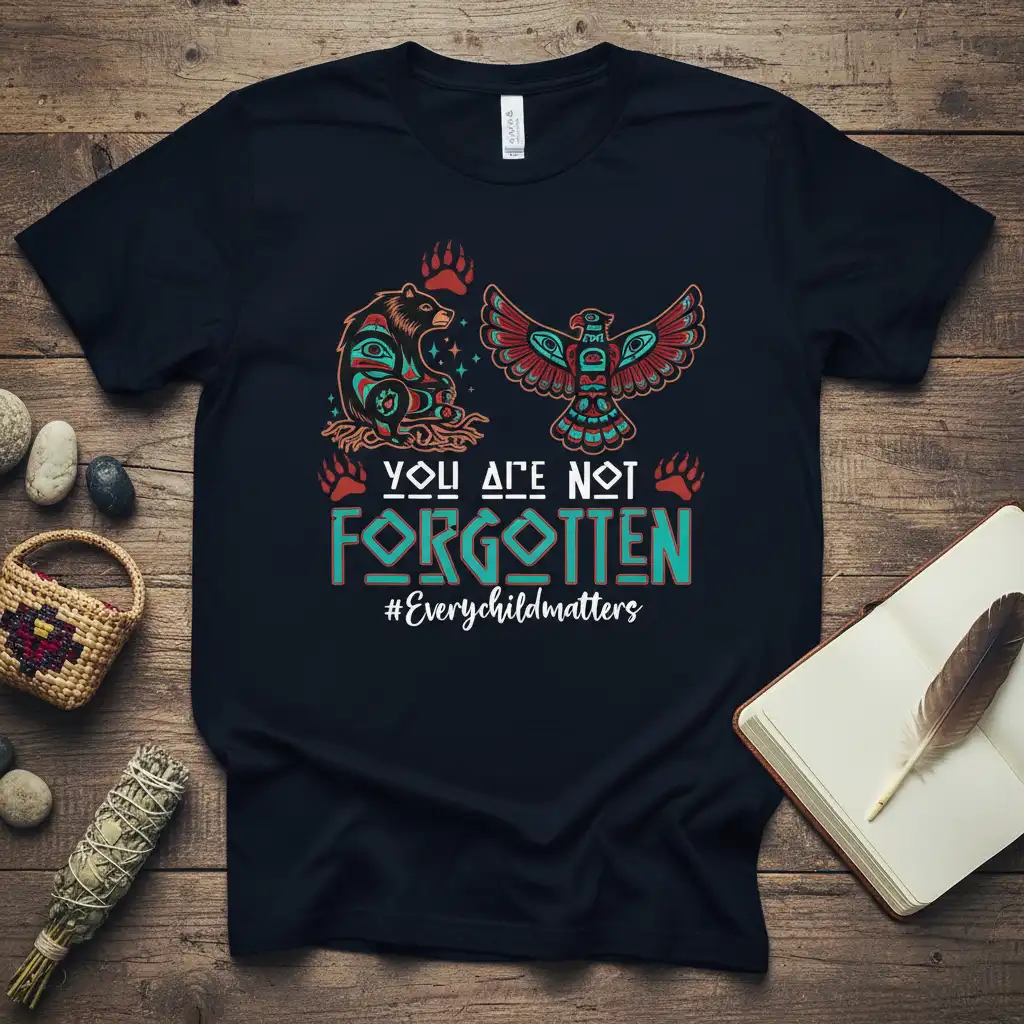 YOU ARE NOT FORGOTTEN #Everychildmatters text with Indigenous bear and eagle graphics on a t-shirt