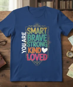 You Are Smart Brave Strong Kind Loved positive affirmation text design on a navy blue t-shirt