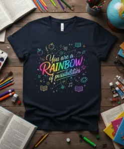 T-shirt with "You are a Rainbow of Possibilities" text in colorful gradient, surrounded by educational icons like books, apples, and
