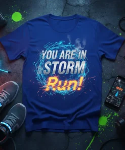 Blue t-shirt with "YOU ARE IN STORM Run!" text in distressed silver and bright orange, surrounded by a geometric blue