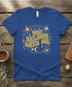 You Belong With Me alien couple t-shirt with retro design and celestial elements