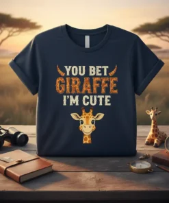 Navy blue t-shirt with "YOU BET GIRAFFE I'M CUTE" text and a cartoon giraffe graphic