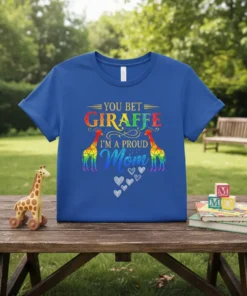 You Bet Giraffe I'm A Proud Mom t-shirt with rainbow giraffes and hearts graphic