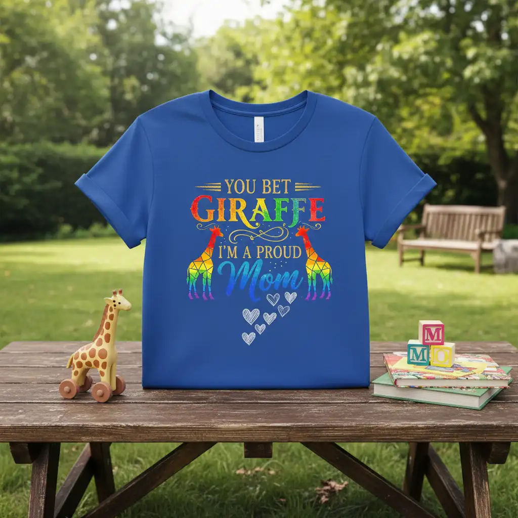 You Bet Giraffe I'm A Proud Mom text with rainbow giraffes and hearts graphic