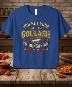T-shirt with the text "You Bet Your Goulash I'm Hungarian!" featuring a map of Hungary and chili peppers