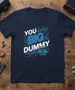You Big Dummy funny robot t-shirt with blue circuit board design and playful typography