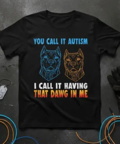 T-shirt design featuring the quote "YOU CALL IT AUTISM I CALL IT HAVING THAT DAWG IN ME" with blue and