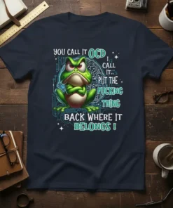 Grumpy frog with arms crossed on a navy t-shirt, featuring the quote "YOU CALL IT OCD I CALL IT.. PUT