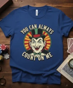 You Can Always Count On Me vampire quote t-shirt with retro Dracula graphic and poker chips