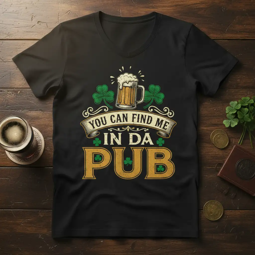 You Can Find Me In Da Pub quote with beer mug and shamrocks on a black t-shirt graphic
