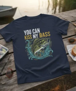 You Can Kiss My Bass funny fishing quote t-shirt with a largemouth bass jumping through waves