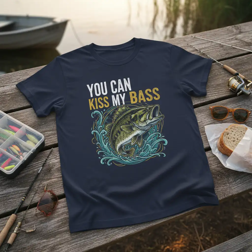 You Can Kiss My Bass funny fishing quote t-shirt featuring a largemouth bass leaping from water waves