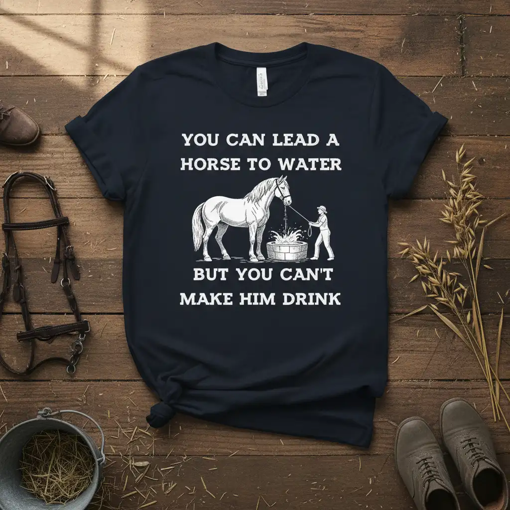 You Can Lead A Horse To Water But You Can't Make Him Drink quote t-shirt with horse graphic