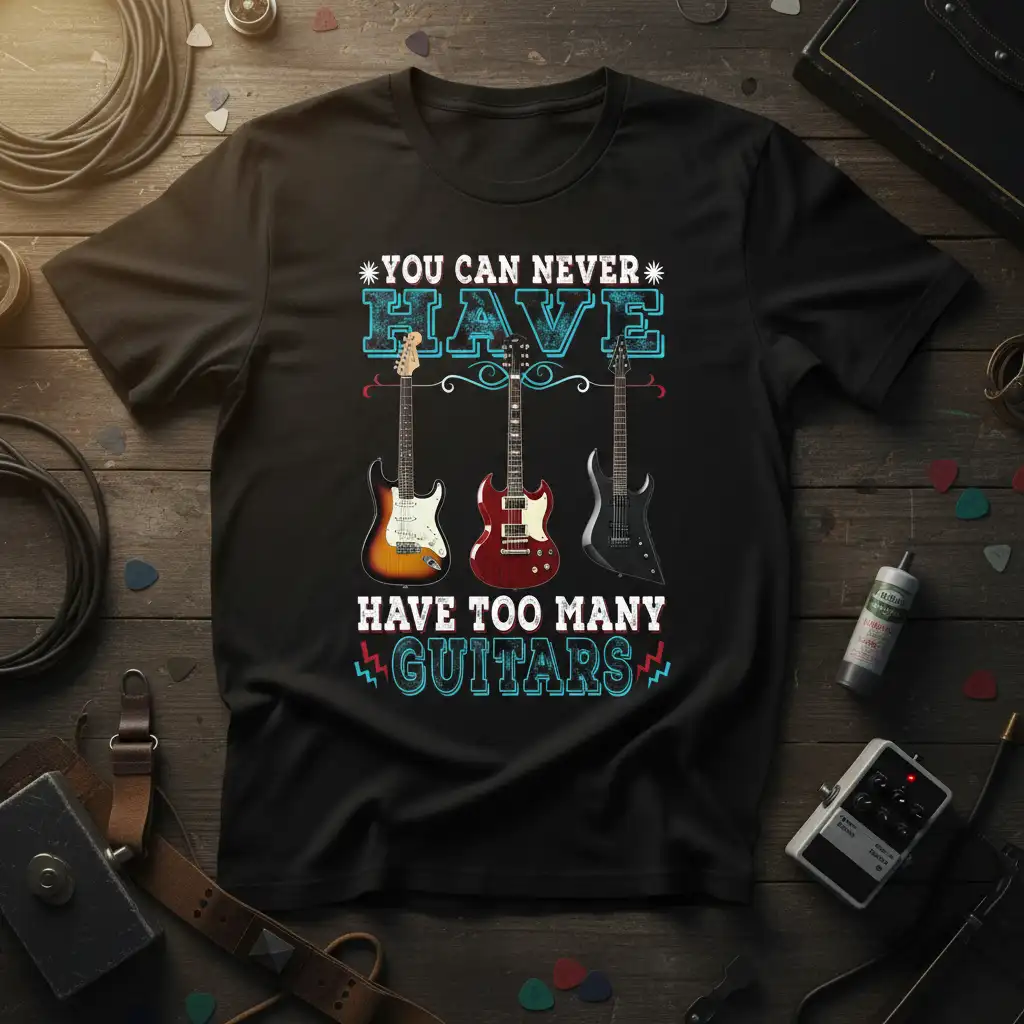 You Can Never Have Too Many Guitars text and graphic with three electric guitars on a t-shirt