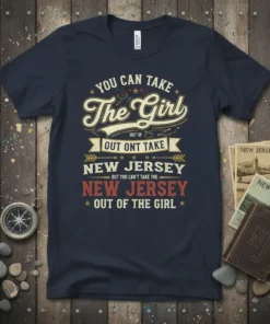 Navy blue t-shirt with "You Can Take The Girl Out Of New Jersey But You Can't Take The New Jersey
