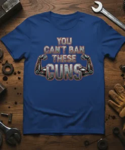 You Can't Ban These Guns text with muscular robot arms graphic on a blue t-shirt