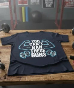T-shirt with white text "YOU CAN'T BAN THESE GUNS" and graphics of muscular arms and dumbbells