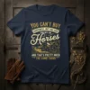 You Can't Buy Happiness But You Can Bet On Horses quote t-shirt with a golden horse racing graphic and vintage