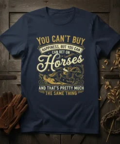 You Can't Buy Happiness But You Can Bet On Horses quote t-shirt with a golden horse racing graphic and vintage