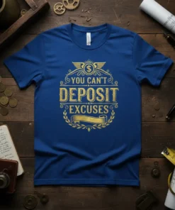 You Can't Deposit Excuses motivational quote t-shirt in gold distressed typography with dollar sign emblem