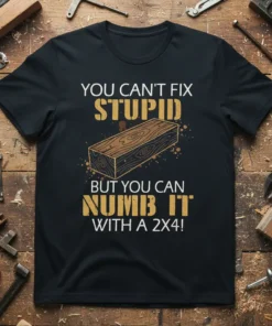 Black t-shirt with "You Can't Fix Stupid But You Can Numb It With A 2X4!" quote and wooden plank graphic