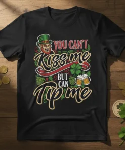 You Can't Kiss Me But Can Tip Me St. Patrick's Day t-shirt design with leprechaun and beer mugs