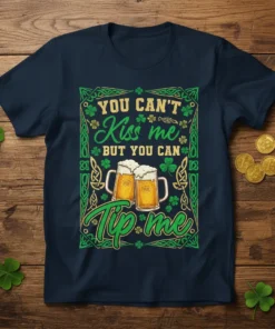 YOU CAN'T Kiss me BUT YOU CAN Tip me St. Patrick's Day t-shirt with beer mugs and shamrocks graphic