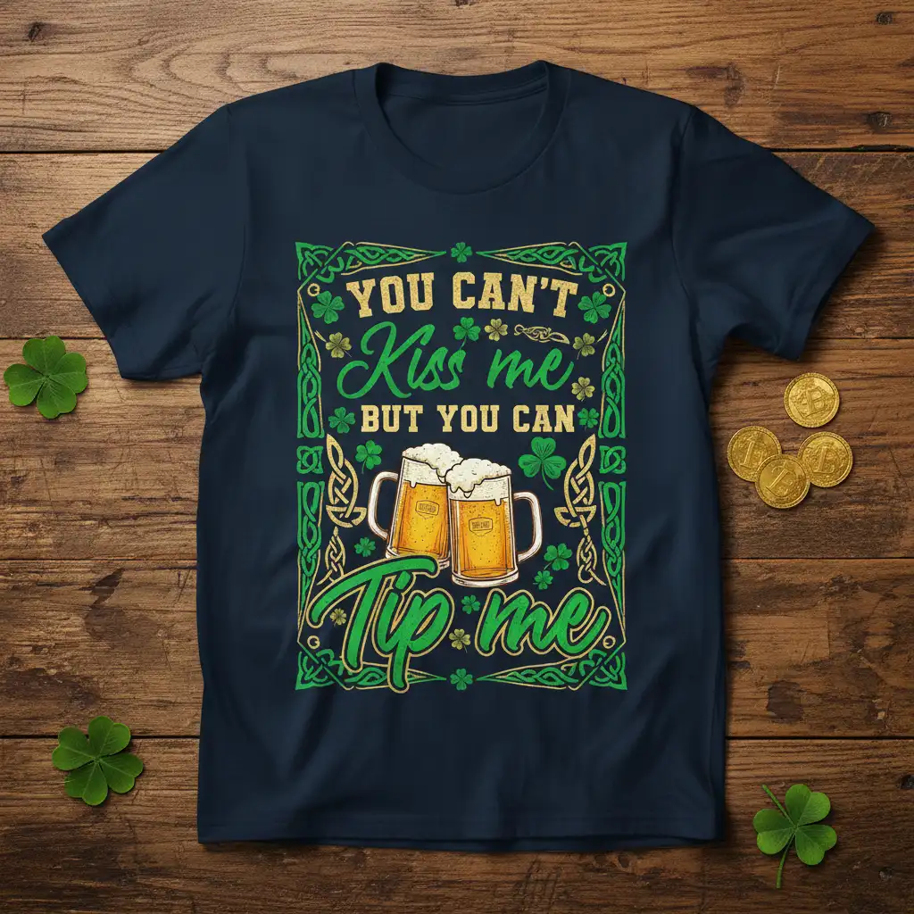 YOU CAN'T Kiss me BUT YOU CAN Tip me St. Patrick's Day t-shirt design with Irish knotwork and beer mugs