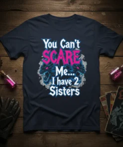 You Can't SCARE Me... I have 2 Sisters quote with fierce wolf graphics on a navy t-shirt