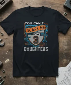 You Can't Scare Me I Have 3 Daughters text design on a black t-shirt with shield graphic