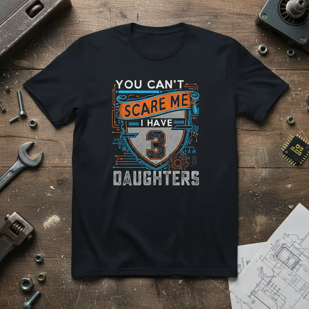 You Can't Scare Me I Have 3 Daughters quote with shield graphic on a t-shirt