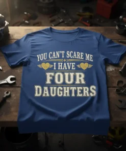 Dad T-Shirt with text "You Can't Scare Me I Have Four Daughters" in distressed font, featuring heart graphics
