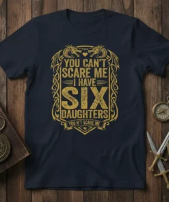 T-Shirt with gold text "You Can't Scare Me I Have Six Daughters" and dragons graphic