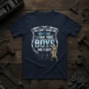 T-shirt with "You Can't Scare Me I Have Three Boys And A Wife" text in a shield design, featuring cartoon
