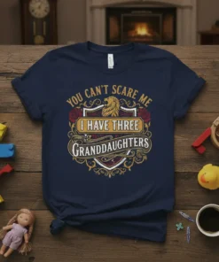 You Can't Scare Me I Have Three Granddaughters text design with lion graphic and ornate border on a navy t-shirt
