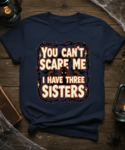Halloween t-shirt featuring "You Can't Scare Me I Have Three Sisters" text with spooky graphics and a distressed border