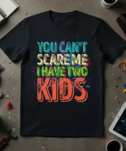 You Can't Scare Me I Have Two Kids humorous quote on a black t-shirt, featuring colorful distressed typography