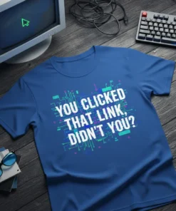 Blue t-shirt with white text "YOU CLICKED THAT LINK, DIDN'T YOU?" surrounded by circuit board graphics