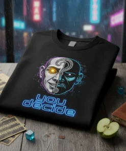 Black t-shirt featuring the neon-lit text "you decide" and a split face graphic with a question mark