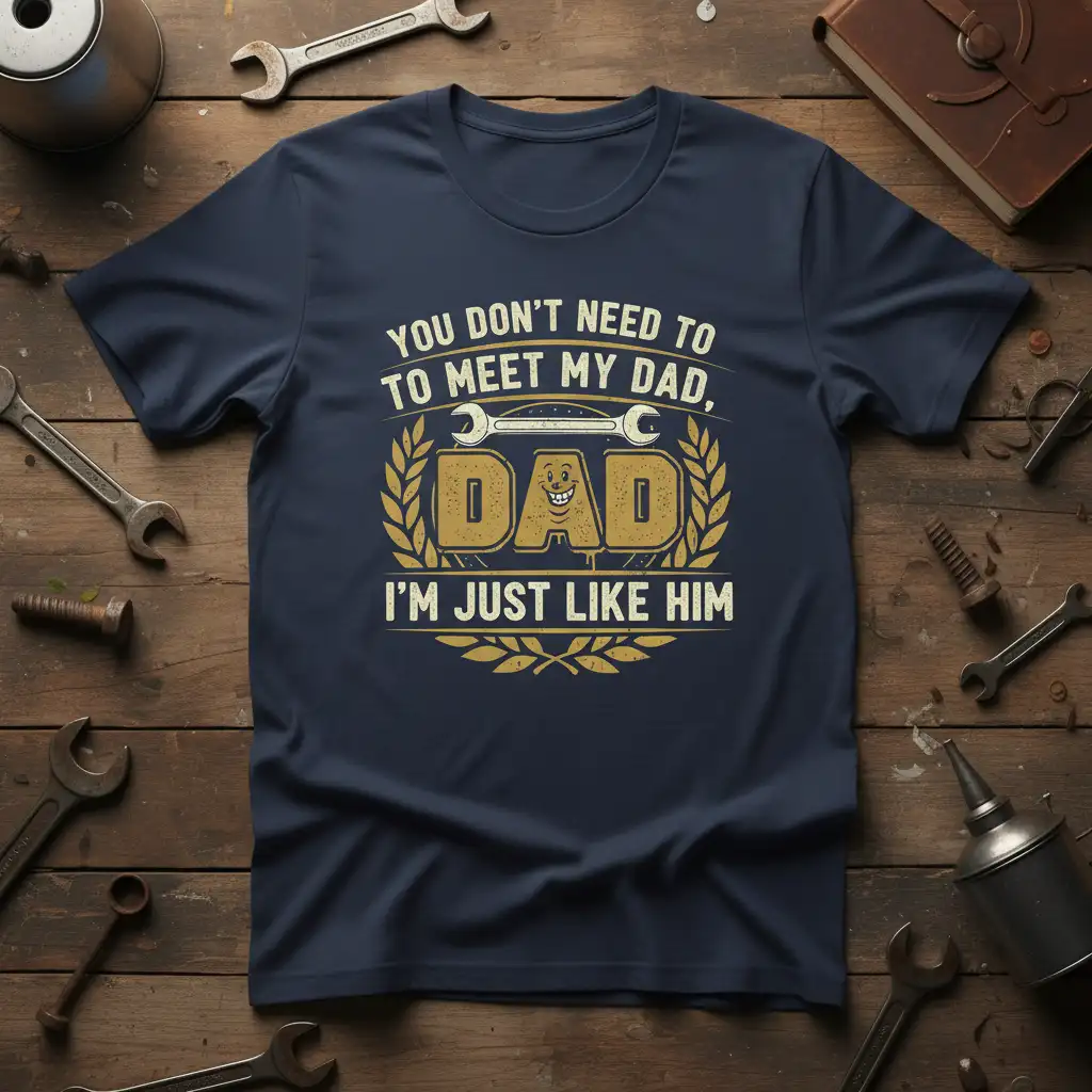 YOU DON'T NEED TO TO MEET MY DAD, DAD I'M JUST LIKE HIM quote with cartoon dad face and wrenches graphic