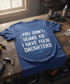 Blue t-shirt with white text reading "YOU DON'T SCARE ME I HAVE FOUR DAUGHTERS" and wrench graphics, perfect for dads