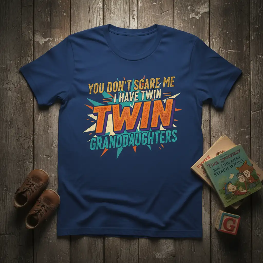 You Don't Scare Me I Have Twin Granddaughters quote on a navy blue t-shirt with retro graphic elements